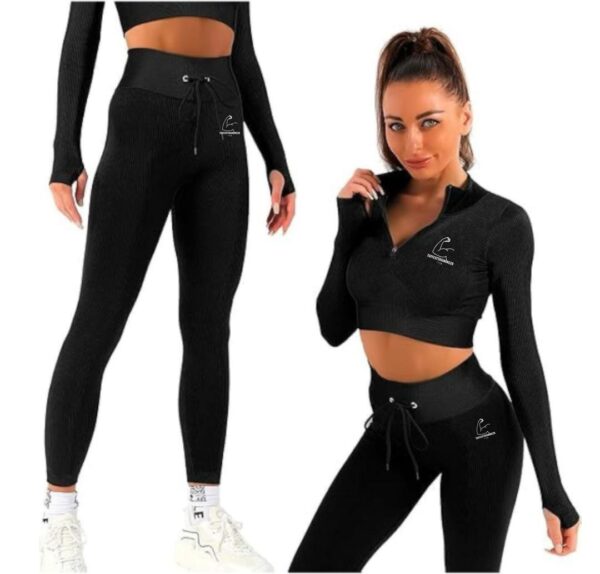 TT28 2 Pc Gym Set Crop w/ Leggings & Jacket Black